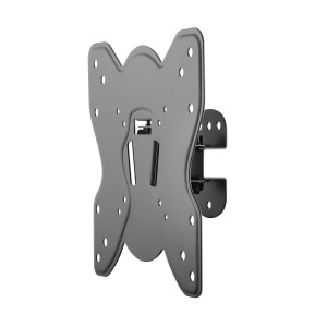 Supporto a parete nero per TV, accessori video, vista laterale.