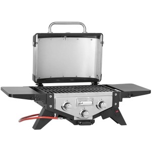 Barbecue a gas compatto t.b.t. con cappa in acciaio inox e ripiani laterali.