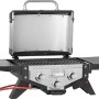 Barbecue a gas compatto t.b.t. con cappa in acciaio inox e ripiani laterali.