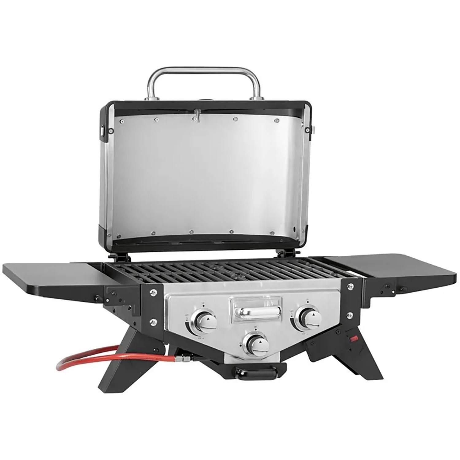 Barbecue a gas compatto t.b.t. con cappa in acciaio inox e ripiani laterali.