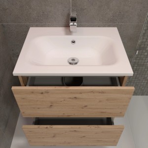 t.b.t. Lavabo singolo con due cassetti aperti effetto legno e lavabo bianco.