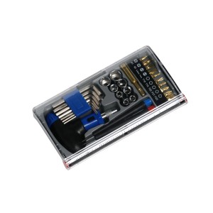 ELLIX Cassetta attrezzi universale, 29 pezzi con cacciaviti, inserti, chiavi a brugola e bussole in scatola trasparente.