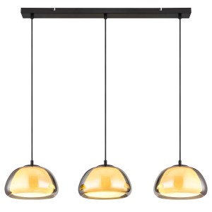 Lampada a sospensione a tre luci con paralumi in vetro ambrato.
