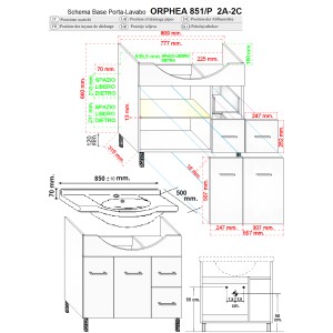 Disegno tecnico: mobile bagno t.b.t. con dimensioni e dettagli per l'installazione.