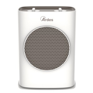 Stufetta elettrica Ardes bianca e compatta con inserto a griglia rotonda.