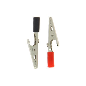 Due clip a coccodrillo per riparazioni auto, una con manico nero, una con manico rosso.