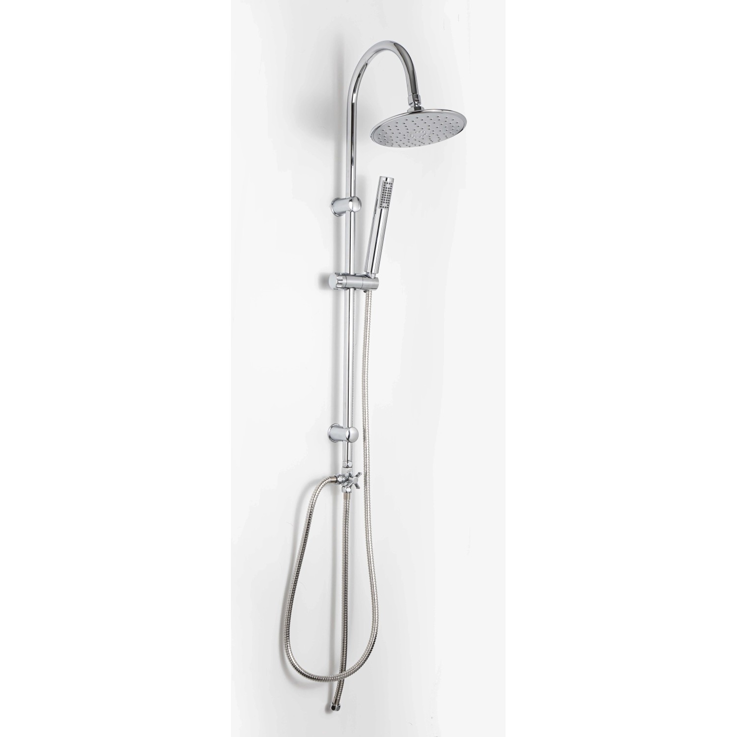 Colonna doccia cromata con soffione e doccetta per il bagno.