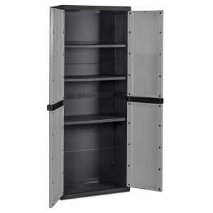 Armadio da giardino aperto in plastica grigia con ripiani per balcone o terrazza.