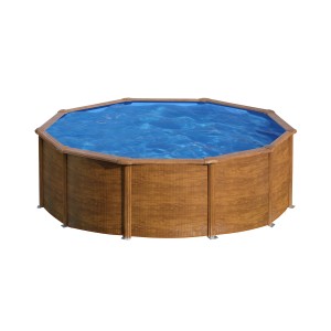 Piscina rotonda Gre Pool Sicilia effetto legno, Ø 300 cm, alta 120 cm. Piscina con pareti in acciaio color legno e liner blu.
