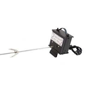 Girarrosto elettrico per barbecue con supporto e forchetta.