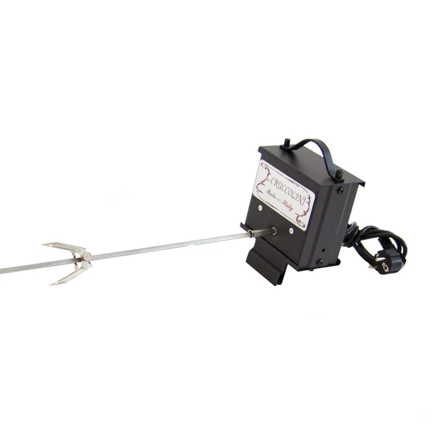 Girarrosto elettrico per barbecue con supporto e forchetta.