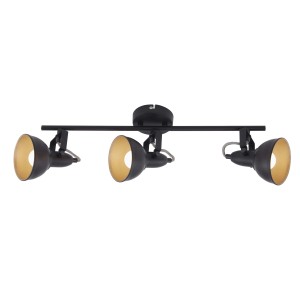 Faretto da soffitto a LED nero t.b.t. con tre luci e interno color oro.