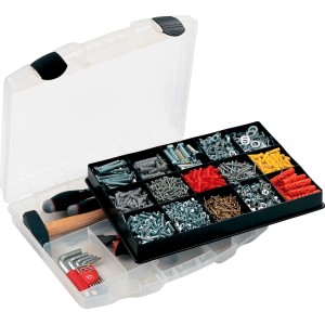 Cassetta degli attrezzi aperta con assortimento di viti, tasselli, dadi, martello e chiavi a brugola.