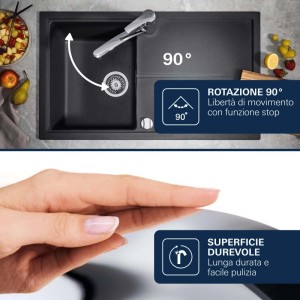 Miscelatore monocomando Grohe QuickFix Start cromato in lavello nero, bocca girevole 90°, superficie durevole e facile da pulire.