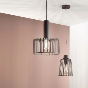 Due lampade a sospensione t.b.t. grigie con design a gabbia. Sospensioni moderne per interni.
