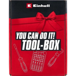 Scatola regalo rossa Einhell Toolbox con set di 32 punte, cacciavite e grafiche apribottiglie.