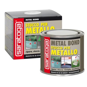 Barattolo e confezione di stucco metallico Saratoga. Stucco speciale per riparazioni metalliche.
