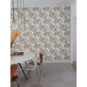 t.b.t. Carta da parati decorativa con foglie grigio-oro nella sala da pranzo.