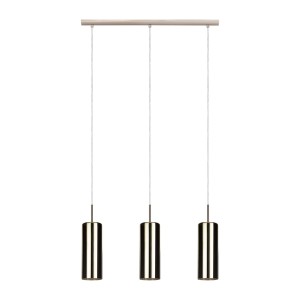 Lampada a sospensione moderna con tre paralumi cilindrici color oro.
