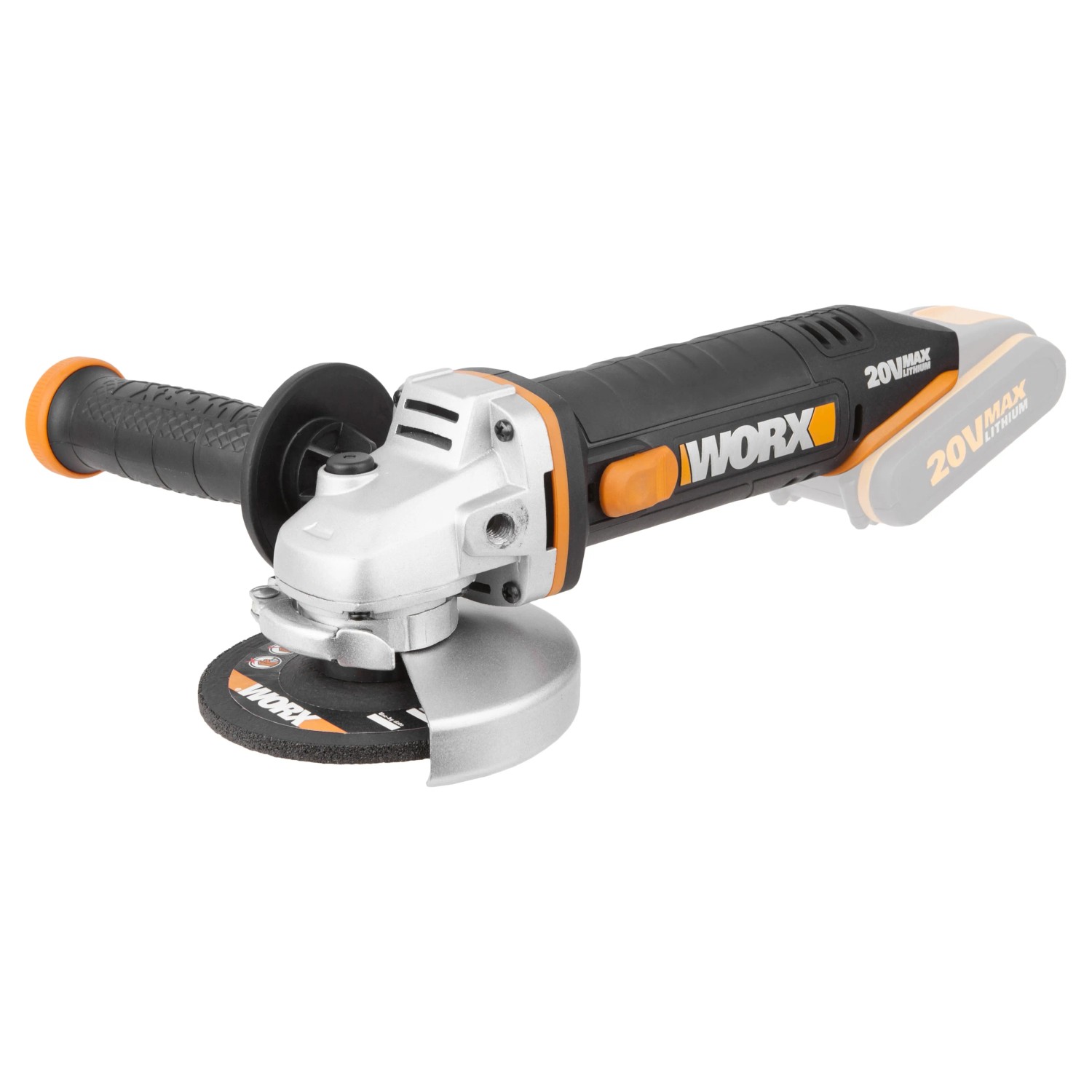 Smerigliatrice angolare a batteria Worx WX800.9 PowerShare 20 V Solo con impugnatura supplementare e disco abrasivo.