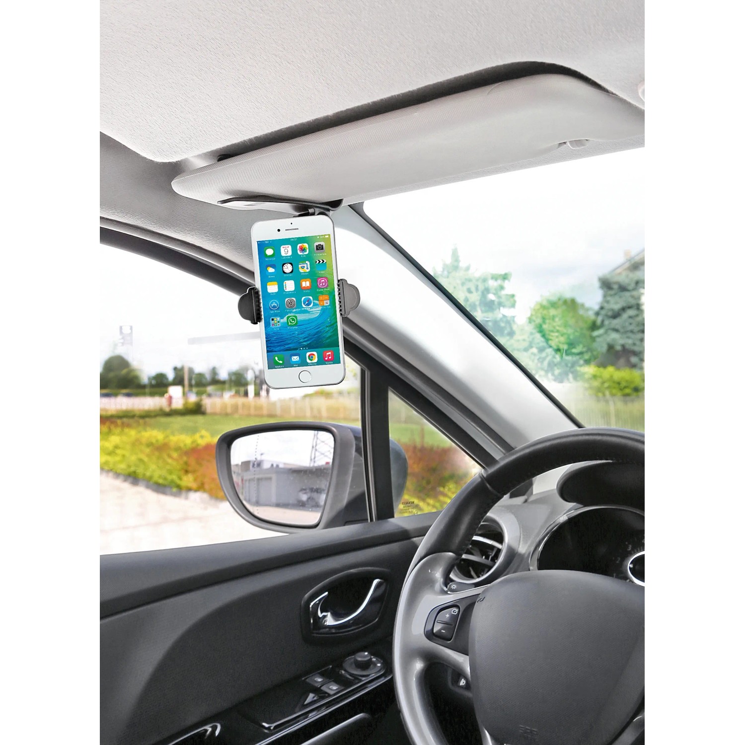 t.b.t. supporto per cellulare fissato all'aletta parasole in auto.