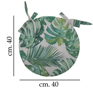 Cuscino rotondo per sedia con motivo a foglie tropicali, diametro 40 cm.