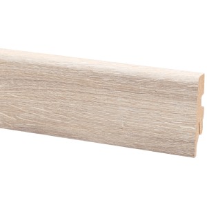 Battiscopa in rovere naturale, 60x20 mm, lunghezza 2600 mm, per montaggio a parete con clip.