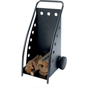 Carrello porta legna nero in metallo con legna. Accessorio Fumisteria.