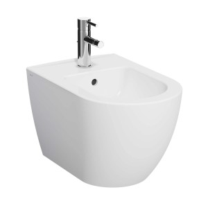 Bidet bianco sospeso con rubinetto. Design moderno per il bagno.