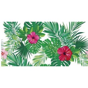 Tovaglia con motivo tropicale: foglie verdi e fiori di ibisco.