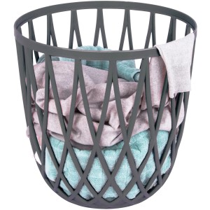 Sgabello da bagno Wenko Omio antracite usato come cesto per la biancheria pieno di bucato.