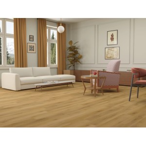 Soggiorno con pavimento vinilico a click Prato rovere beige-sabbia
