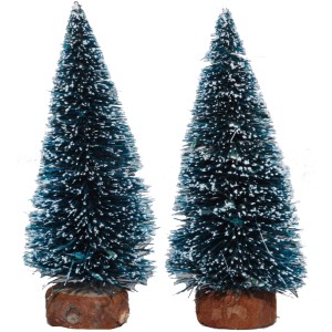 Due piccoli abeti decorativi verdi con effetto neve su base in legno per il Presepe.