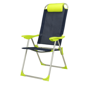 Sedia da giardino t.b.t. con tessuto a rete blu e dettagli verde chiaro.