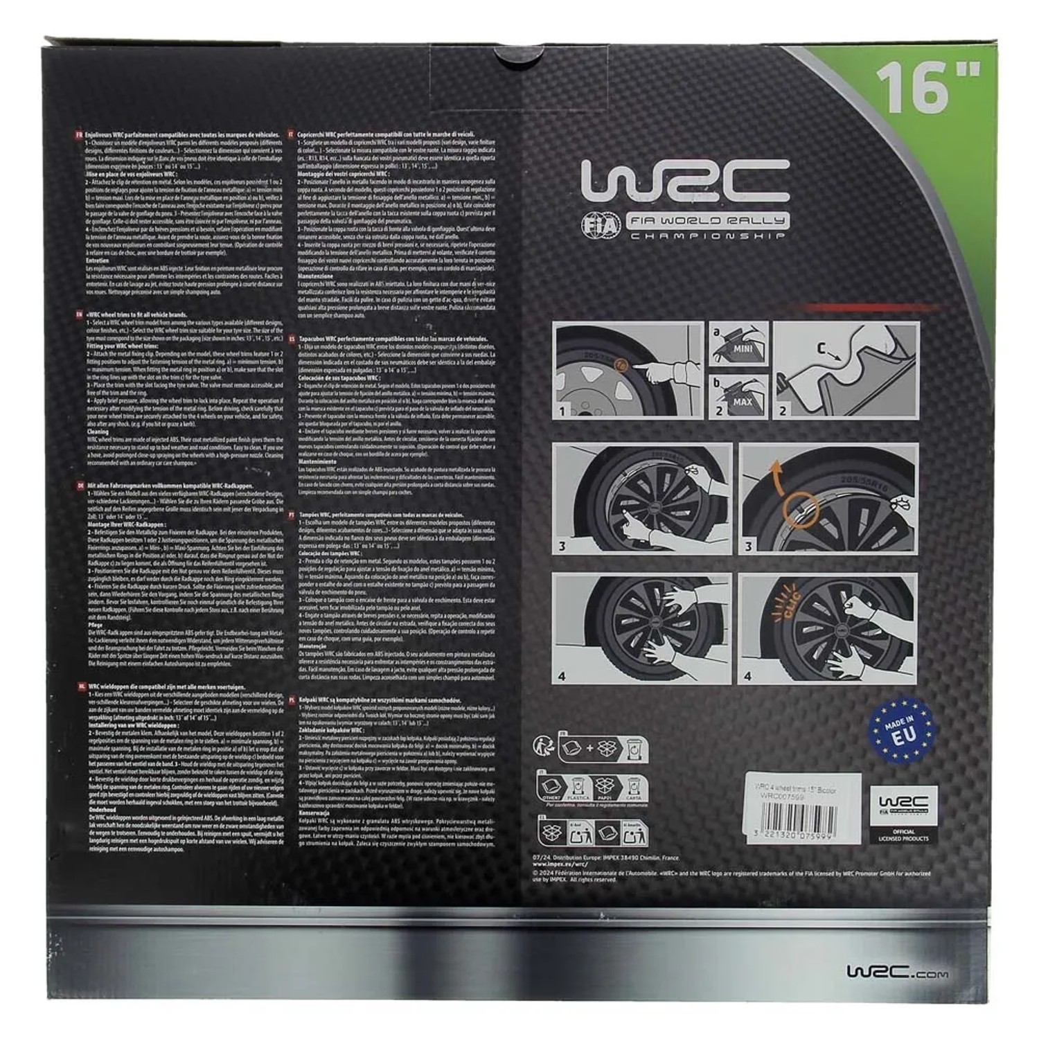 Confezione dei copricerchi t.b.t. da 16 pollici con istruzioni di montaggio e logo WRC.
