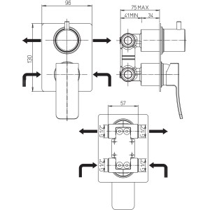 Disegno tecnico: Miscelatore doccia t.b.t. con dimensioni.