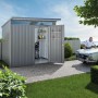 Casetta da giardino in metallo Biohort AvantGarde A8, argento-metallizzato con doppia porta aperta e accessori.