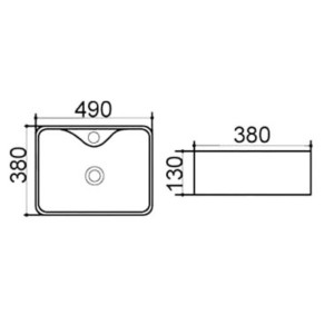 Disegno tecnico del lavabo d'appoggio t.b.t. con dimensioni.