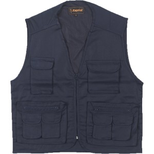 Gilet da lavoro blu con zip e molte tasche per attrezzi e accessori.