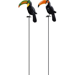 Paletto da giardino tucano in metallo, 70 cm, verde e arancione, decorazione per aiuole e balconi.