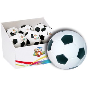 Palloni da calcio per cani bianchi e neri in scatola. Gioco da riporto.