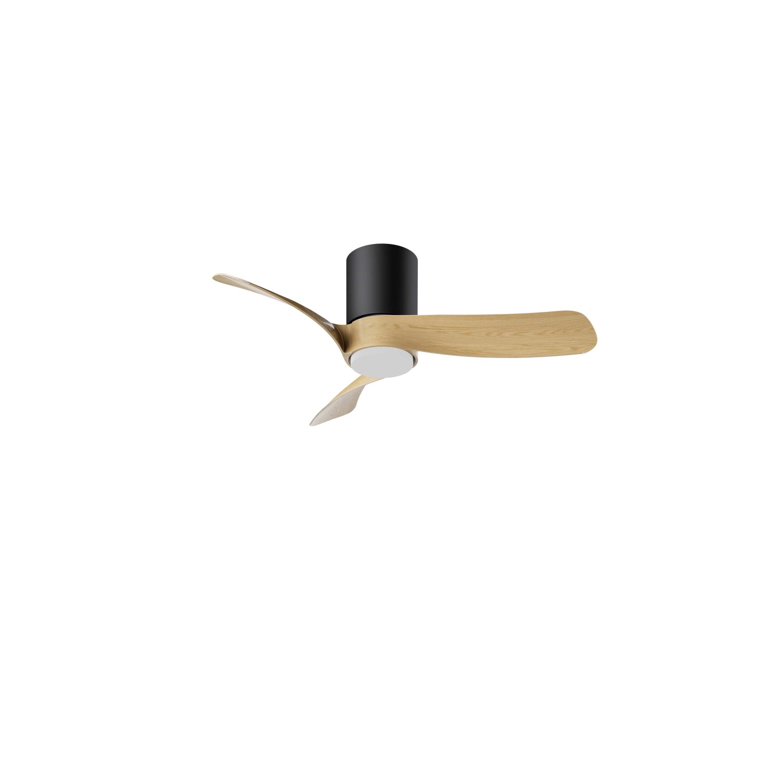 Ventilatore da soffitto moderno con tre pale in legno e supporto nero.