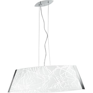 Lampada a sospensione moderna con paralume bianco e dettagli argentati.