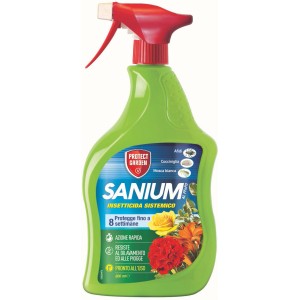 Sanium insetticida in flacone spray verde con spruzzino rosso.