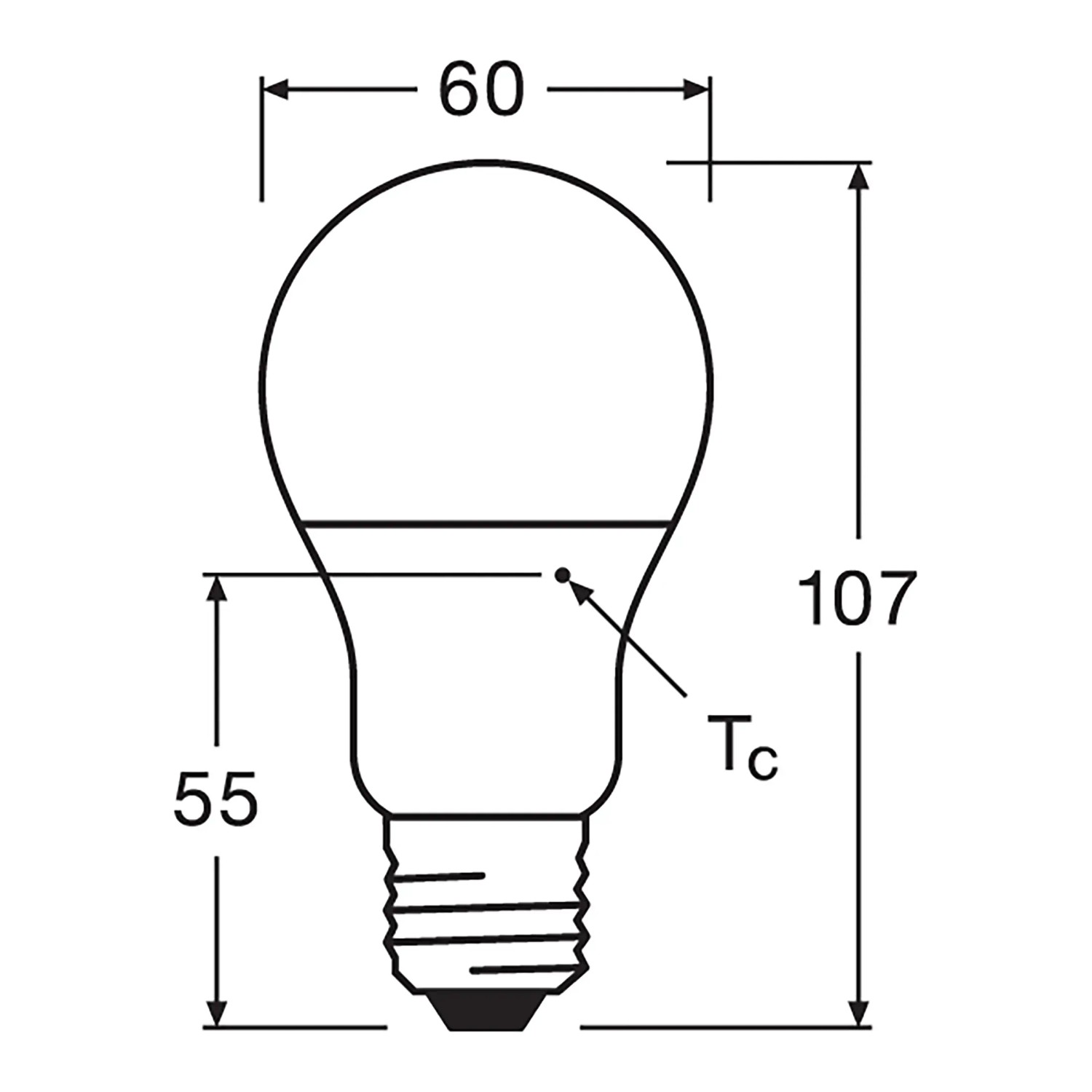 Disegno tecnico Osram LED E27, forma a bulbo, dimensioni: 11,3 x 6 cm (A x Ø).
