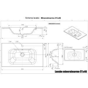 Disegno tecnico del lavabo singolo t.b.t. con dimensioni.