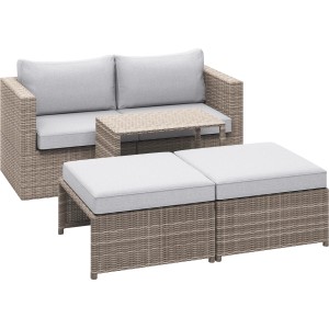 Set lounge Olea Compact 3 pezzi in polyrattan con poltrona, tavolo e sgabelli per balcone e terrazza.