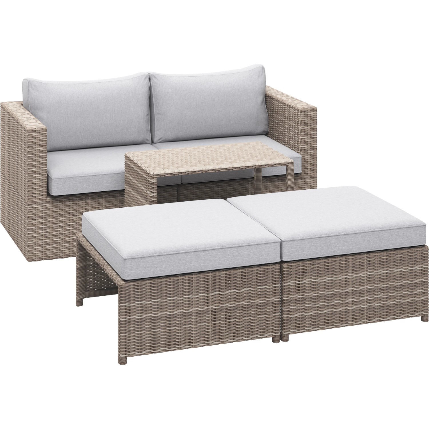 Set lounge Olea Compact 3 pezzi in polyrattan con poltrona, tavolo e sgabelli per balcone e terrazza.