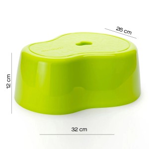 Sgabello verde con dimensioni, ausilio per il bagno per bambini.