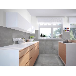 Cucina moderna con piastrelle per pavimenti in gres porcellanato Urban Perlmutt grigio opaco 60x60 cm.